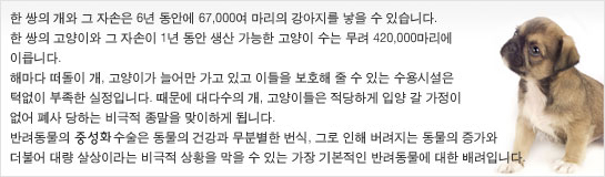 한 쌍의 개와 그 자손은 6년동안에 67,000여 마리의 강아지를 낳을 수 있습니다. 한쌍의 고양이와 그 자손이 1년 동안 생산 가능한 고양이 수는 무려 420,000마리에 이릅니다. 해마다 떠돌이 개, 고양이가 늘어만 가고 있고 이들을 보호해 줄 수 있는 수용시설은 턱없이 부족한 실정입니다. 때문에 대다수의 개, 고양이들은 적당하게 입양 갈 가정이 없어 폐사 당하는 비극적 종말을 맞이하게 됩니다. 반려동물의 중성화 수술은 동물의 건강과 무분별한 번식, 그로 인해 버려지는 동물의 증가와 더불어 살상이라는 비극적 상황을 막을 수 있는 가장 기본적인 반려동물에 대한 배려입니다.